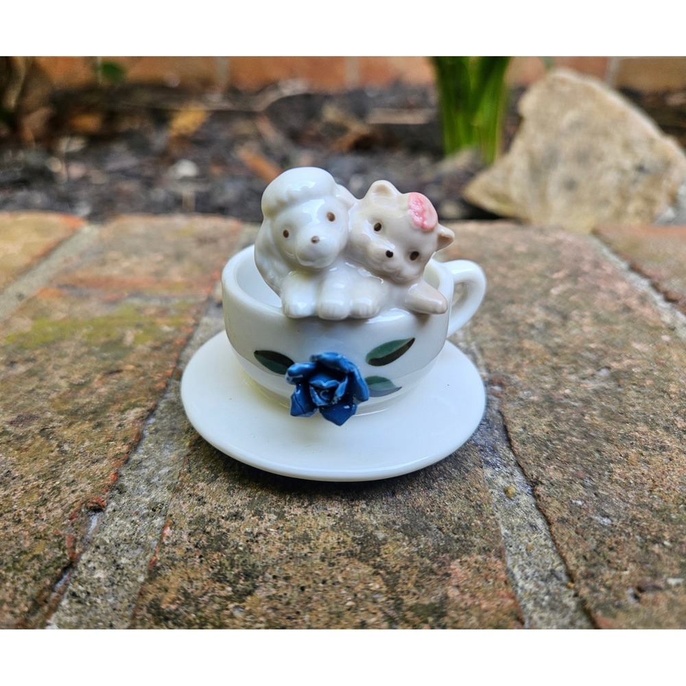 Vintage Porcelain Miniature Dog & Cat in a Teacup Figurine, 1950's, Taiwan, EUC